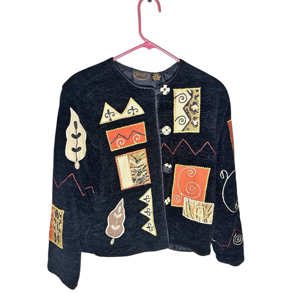 Julia Kim Button Up Jacket Embroidered Artsy Patchwork Black Petites Sz PM